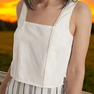 Marine Layer Women's White Stella Hemp Pom Pom lace Trim Tank Top Size XL